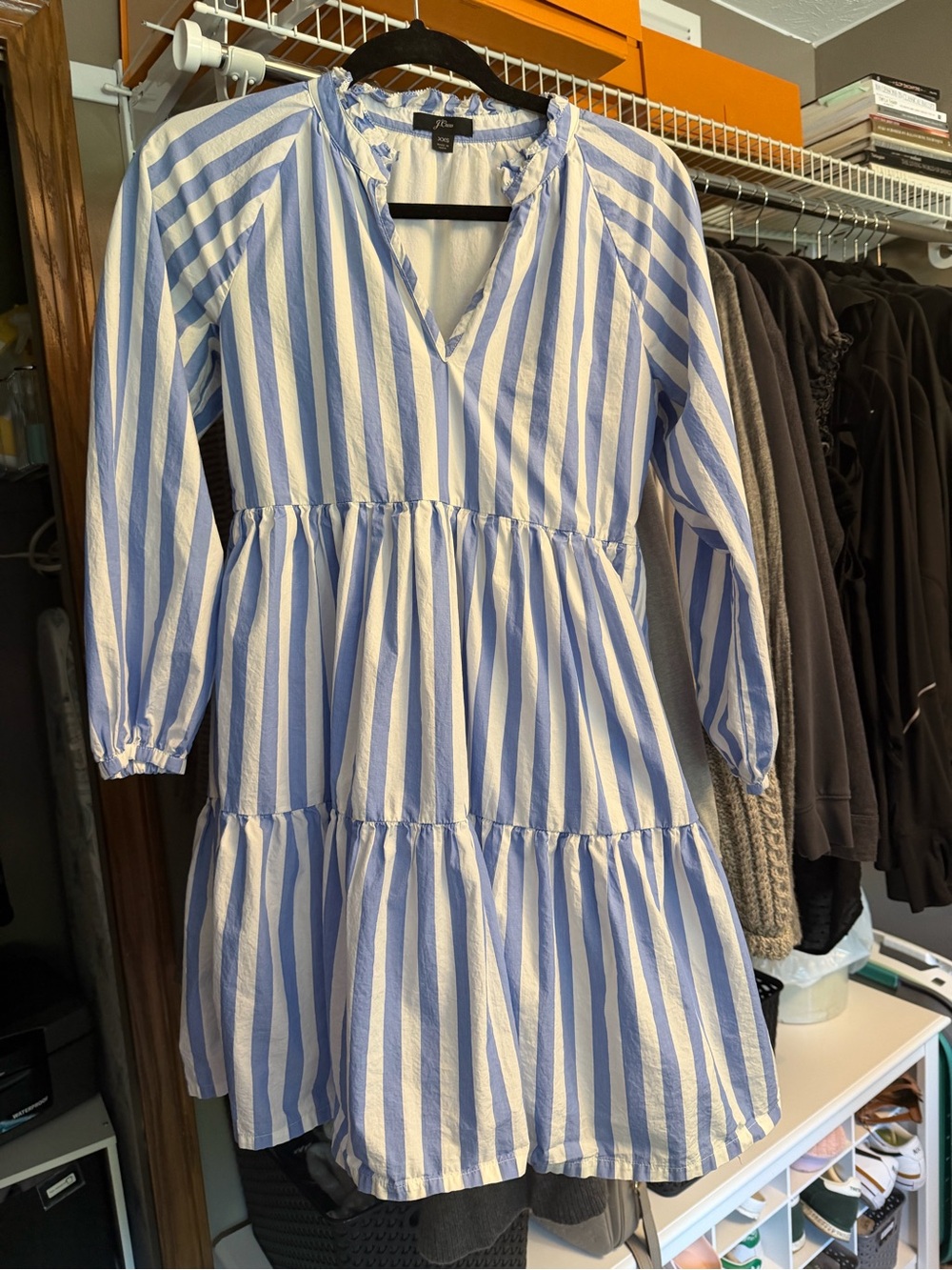 J. Crew Blue and White Striped Tiered Womens Dress